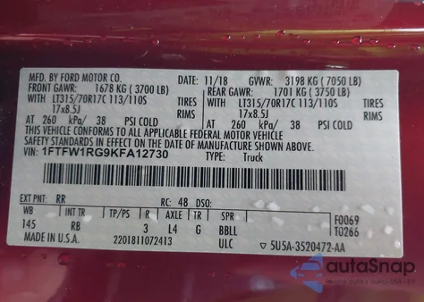 2019 Ford F150 Raptor z USA, uszkodzony, nr VIN 1FTFW1RG9KFA12730